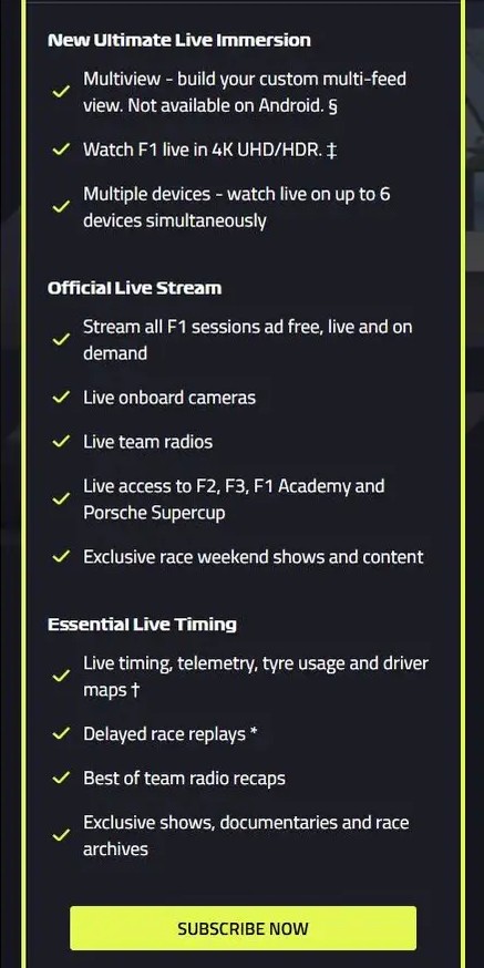 F1TV Premium 方案內容：全部項目皆為勾