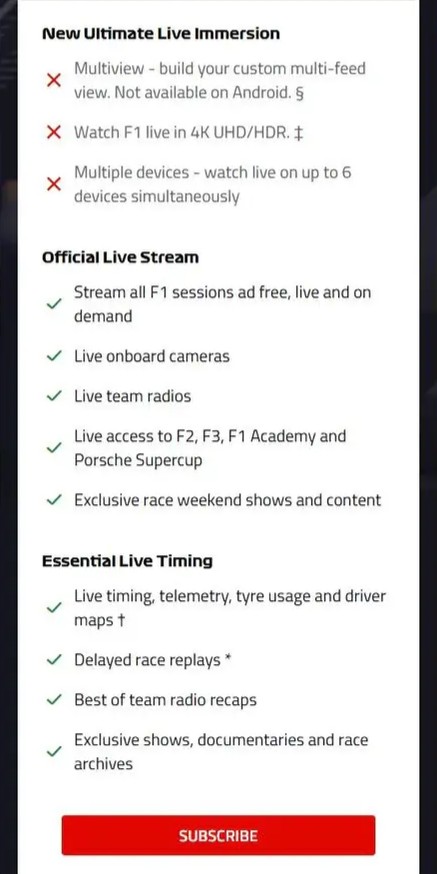 F1TV Pro 方案內容：Ultimate Live Immersion 三項為叉，其餘為勾